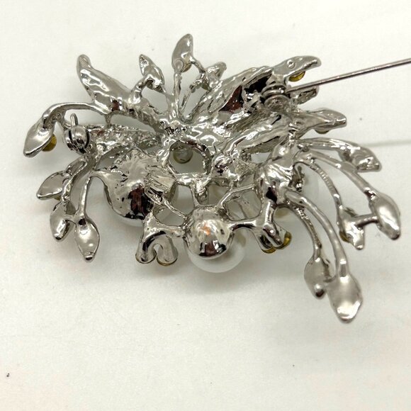 Faux Pearl & Rhinestone Brooch Silver-tone Floral Pin Glam Elegant - Picture 6 of 15